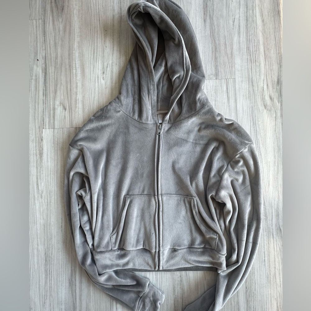 Skims Velour Gray Zip-Up Hoodie